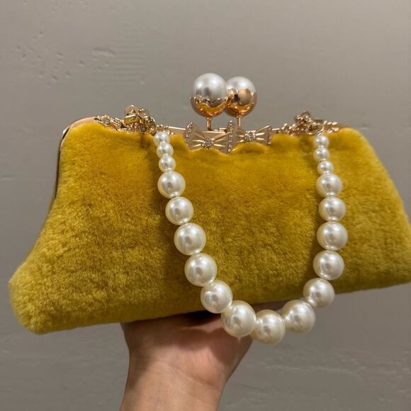 Genuine Shearling Leather “Pearl” Kisslock Clutch Bag/Evening Bag/Crossbody